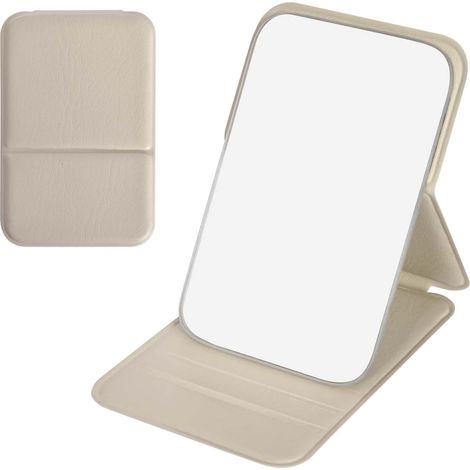 Miroir de poche, 11 x 7 cm, miroir de table, pliable, portable, miroir de maquillage avec revêtement en cuir PU, idéal pour le rasage ou l'application du maquillage (blanc)