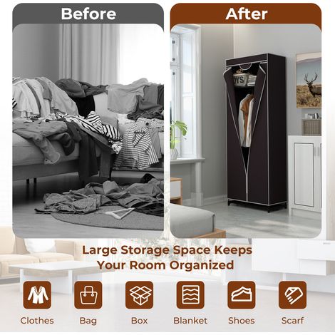 Single Canvas Wardrobe with Dust-proof Cover-Coffee (1/5)