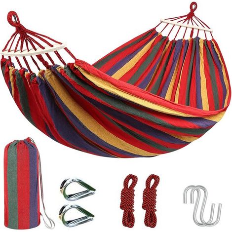 Hamac en coton, hamac double, hamac portable pour les activités de plein air et le camping. Comprend un sac de rangement, des crochets en S et (1/5)