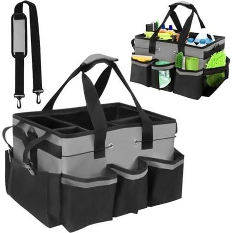 Panier de rangement pour produits de nettoyage avec poignée, sac de rangement avec bandoulière réglable pour organiser les produits de nettoyage, pour le ménage et le rangement dans la voiture (gris) (1/5)