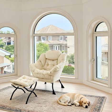 Fauteuil inclinable avec repose-pieds, poche latérale et accoudoirs - Idéal pour salon, TV, bureau ou chambre 72x62x96cm - Beige (1/5)