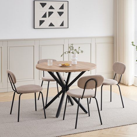 Wokaka Set tavolo rotondo 100 cm in MDF (Colore rovere) con 4 sedie in metallo – stile nordico minimalista, ideali per sala da pranzo e cucina, beige