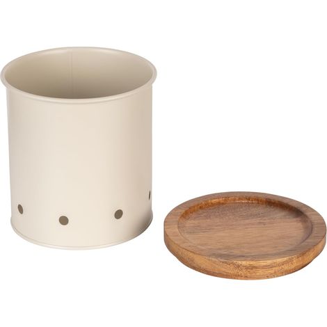Boîte de Rangement en métal avec Couvercle en Bois d'acacia perméable à l'air, diamètre 13,5 x 15 cm, Beige, métal revêtu par pulvérisation, crème, 1,6 l (1/5)