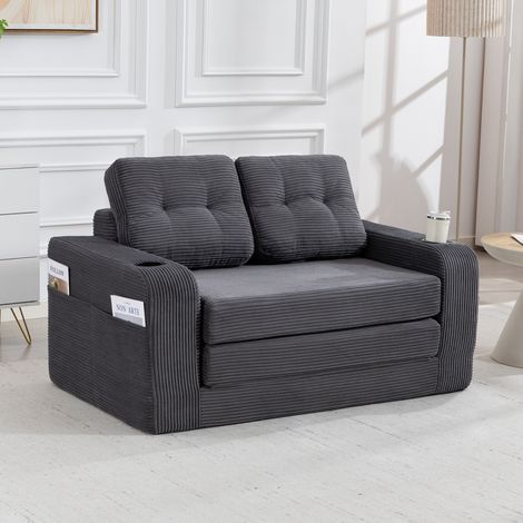 Canapé 2 places en velours côtelé avec porte-gobelets et poches latérales, pouf convertible sans cadre avec coussins matelassés - Gris (1/5)