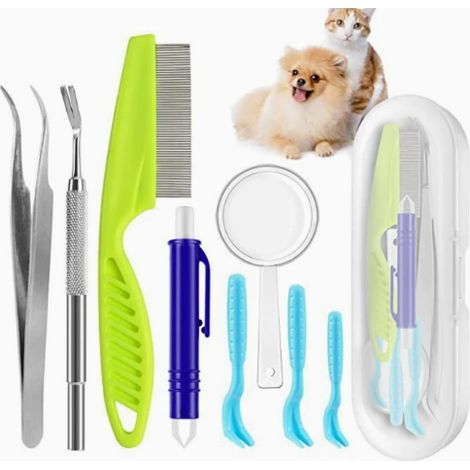 Kit de retrait de tiques et puces pour animaux de compagnie, 9 pièces : peigne anti-puces, pinces à tiques et outils de retrait avec étui de rangement, pour chiens et chats (1/5)
