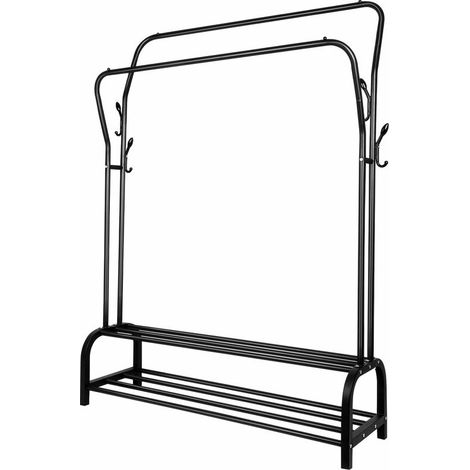 Multifunktional Kleiderbügel Doppelruten, Freistehender-Kleiderständer,Garderobenständer auf Rollen, mit 2 Kleiderstangen,für Schlafzimmer Waschräume Ausstellungsräume,145-125 x 110 x 54cm, Schwarz (1/5)