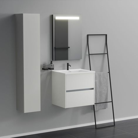 Inda - Badezimmerschrank 2 Schubladen L.60 mit beleuchtetem Spiegelwaschbecken - Mattweiß