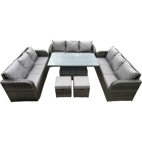 Fimous Patio Garten Dining Set Rattan Möbel Lounge Sofa Höhenverstellbarer steigender Hubtisch mit 2 kleinen Fußhockern Dunkelgrau gemischt (1/5)