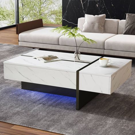 Table basse style contemporain blanche avec éclairage LED, motif marbre, plateau haute brillance (1/5)