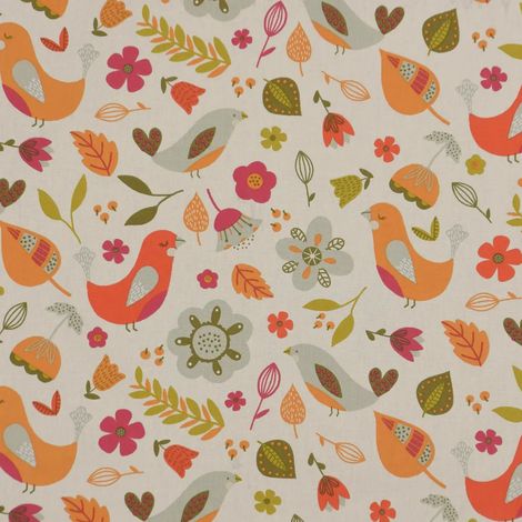 Tissu décoratif au mètre, coton Fryetts, fleurs, oiseaux, beige, coloré (1/5)