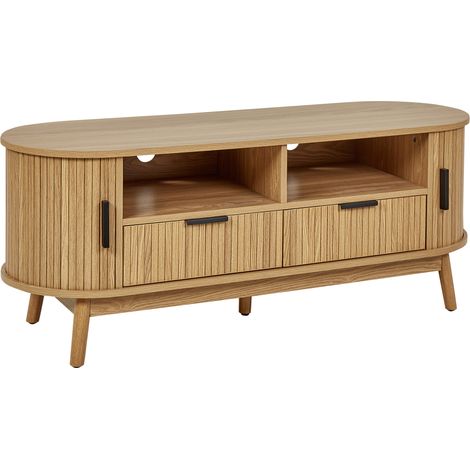 Mueble TV 2 cajones con 2 puertas correderas 2 estantes MDF patas de madera maciza madera clara Selah