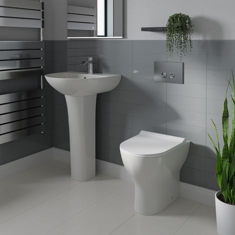 Wholesale Domestic Bailey 550mm Full Pedestal Basin and Back to Wall Toilet Suite with High In Wall Concealed Cistern and Polished Chrome Flush Plate (1/5)