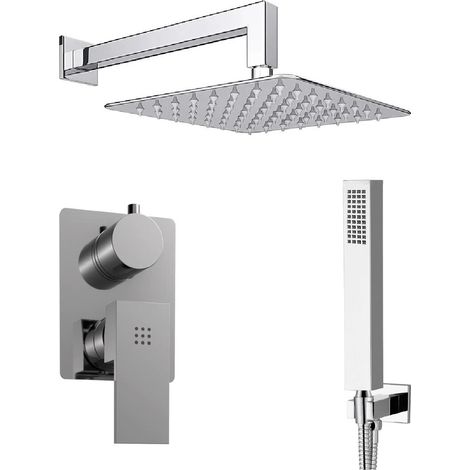 Set doccia completo squadrato cromo Miscelatore braccio a gomito soffione 20x20cm e doccino (1/4)