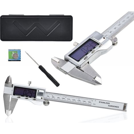 Rosfix L150 Digitale Schieblehre – Großes LCD  0–150 mm 0,01 mm  Edelstahl, mm/in, Set Batterie, Etui