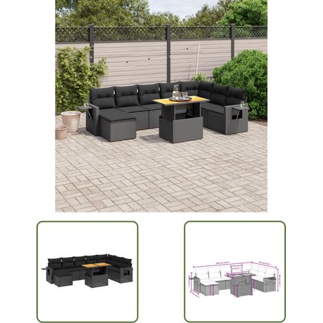 The Living Store 9-tlg. Garten-Sofagarnitur mit Kissen Schwarz Poly Rattan - Gartenmöbel Set - Esszimmergarnitur - Outdoor Möbel - Lounge Garnitur - Rattan Gartenmöbel (1/3)