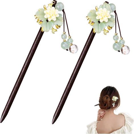 Lot de 2 épingles à cheveux vintage japonaises en bois émaillé, décorées de fleurs, style chinois. Cadeau artisanal en bois pour femmes et filles, idéal pour décorer leurs cheveux longs. (1/3)