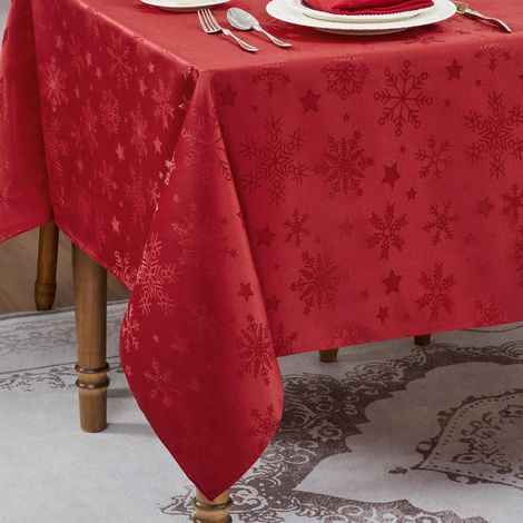 Weihnachts-Tischdecke abwaschbar 140x180 cm Rot Jacquard Schneeflocken Sterne