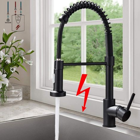 Robinet de cuisine basse pression, robinet de cuisine extensible : douchette avec deux fonctions de pulvérisation, mitigeur d'évier, fonction de rotation à 360 ° - noir acier inoxydable (1/5)