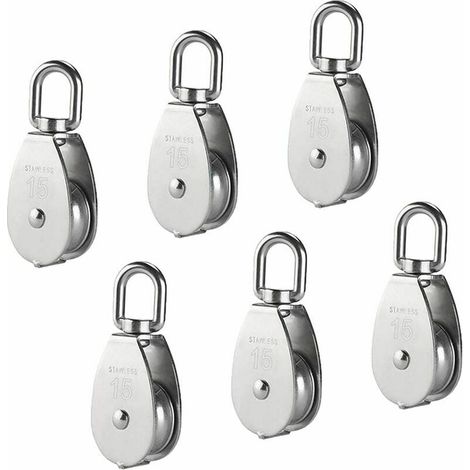 6 pièces M15 304 poulie simple en acier inoxydable, rouleau de poulie simple de 15MM, crochet pivotant de grue câble métallique lisse charge de câble 77lbs/35kg (1/5)