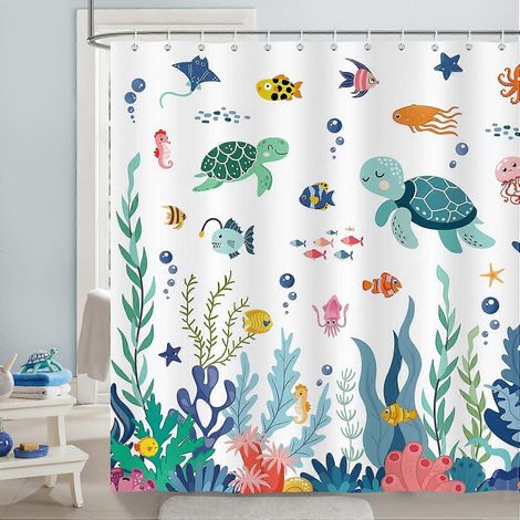 Rideau de douche pour enfants avec motif d'animaux marins, anti-moisissure, imperméable et lavable, 180 x 180 cm, avec 12 crochets (1/5)