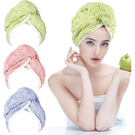 Ensemble trois serviettes microfibre cheveux bouclés avec boutons, 65x25 cm, extra épaisses séchage rapide, garçons/filles/enfants. (1/5)
