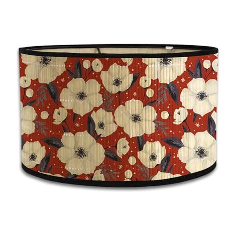 Abat-jour en bambou, motif floral, cylindrique, convient aux lampes de table - 30 cm de diamètre, détachable (fleurs blanches). (1/5)