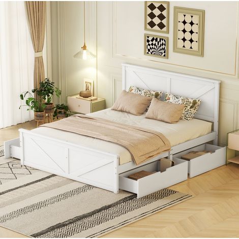 DESVIAE Lit simple en bois 160 x 200 avec quatre tiroirs et tete de lit blanc (1/5)