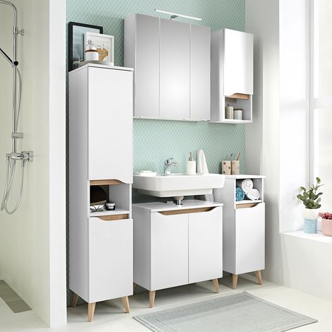 Badezimmer Komplett Set mit Füßen in Holzoptik QUEIMADOS-66 in Weiß Glanz mit Weiß Hochglanz, B/H/T ca. 125/200/33 cm (1/5)