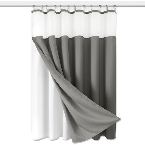 1 rideau de douche texturé lin, sans crochets, avec doublure à clipser, gris, pour salle de bain (1/5)
