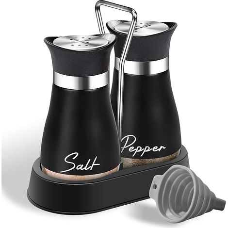 Lot de 2 salières et poivrières avec fond en verre, salière et poivrière avec support en verre et acier inoxydable pour cuisine, barbecue, camping-car à remplir et à utiliser (noir) (1/5)