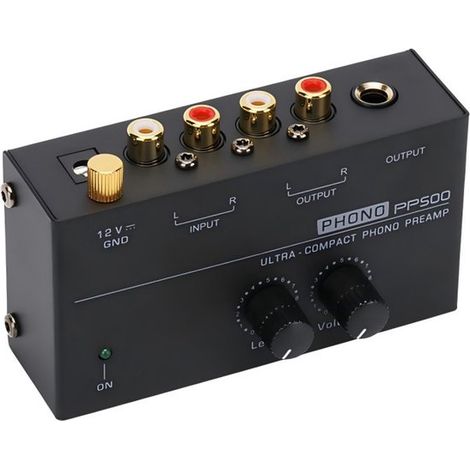 Préamplificateur phono avec correction RIAA – Réglage du volume et du niveau – Sorties RCA et 3,5 mm – Compatible avec les platines vinyles – Pour enceintes ou casque