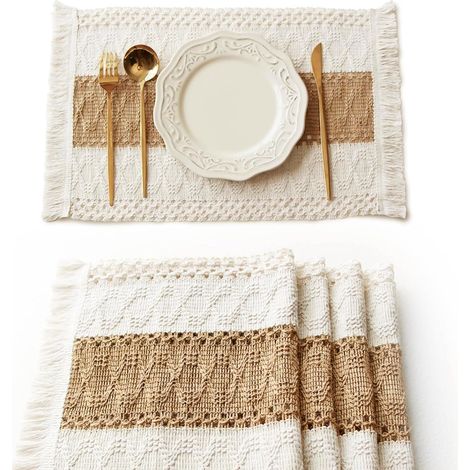 Lot de 4 sets de table bohèmes – Décoration de table en macramé, style Ferme, en coton naturel et toile de jute – Pour cuisine, table à manger et décoration d'intérieur