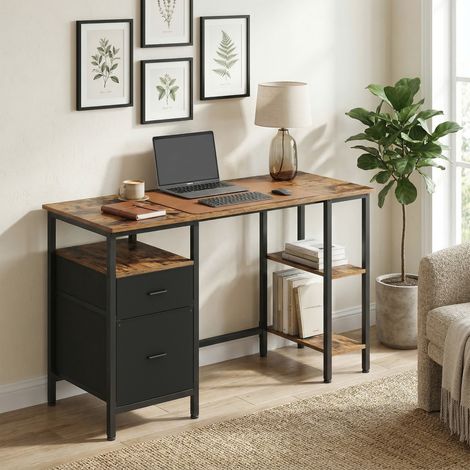 Bureau pour Ordinateur, 3 Étagères, 2 Tiroirs, 127 x 50 x 76 cm, Marron et Noir (1/5)