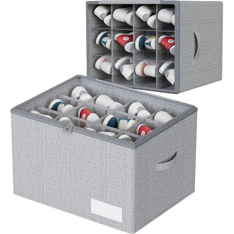 Range-Chaussures Tissu, Grande Boîte Rangement Placard 12 Paires, Fond Rigide Poignées Renforcées, Gris, Étui Classement Chaussures de Ville (1/5)