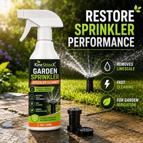 KineShineX Gartensprenger-Entkalker – Reinigungsspray zur Entfernung von Kalk und Mineralablagerungen an Bewässerungssprengerköpfen und zur Wiederherstellung der regenerativen Eigenschaften (1/5)