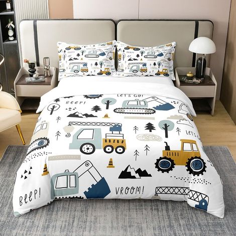 Ensemble de Literie de Voiture Parure de lit Construction Housse de Couette 140x200cm 100% Coton Garçon équipement Camion Literie Excavatrice Tracteur Blanc Jaune (1/5)
