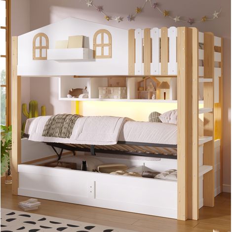 Lit superposé enfant 90x200 cm bois blanc, rangement intégré, gain de place, sans matelas – MEUBLIV (1/5)