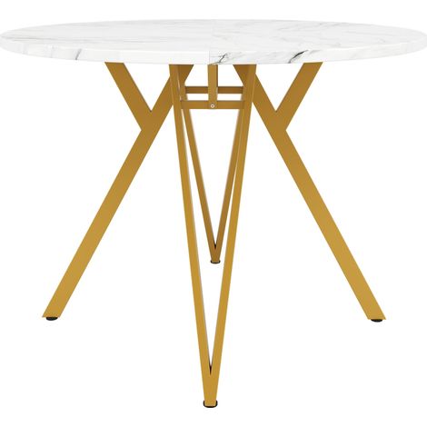 Table à manger ronde (100×100×76cm), table de cuisine, table basse ronde pour 4 personnes, adaptée à la salle à manger et au salon, pieds de table élégants en métal, plateau en MDF effet marbre, doré (1/5)