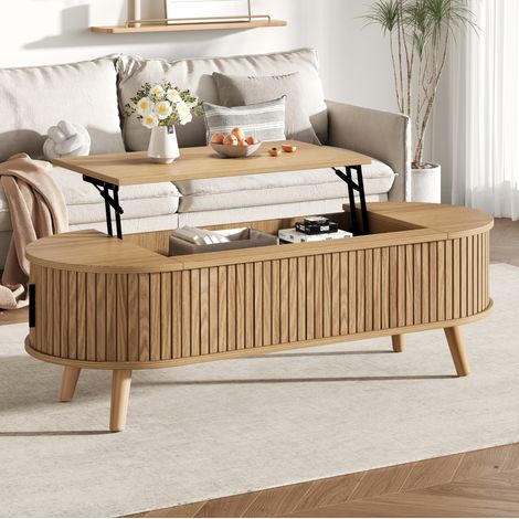Table basse relevable 120 x 50 x 39,5 cm, rangement caché, aspect bois naturel, MDF, OKWISH (1/5)