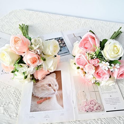 Bouquet de roses artificielles réalistes en soie de 45 cm, 9 têtes de fleurs artificielles pour fête prénuptiale, décoration de mariage à longue tige (1/5)
