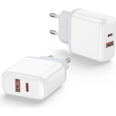 Lot de 2 adaptateurs de charge rapide, chargeur rapide USB-C double port 20 W, adaptateur de prise PD 3.0 compatible avec iPhone 15, 14, 13, 12, 11, X Pro Max - WELLNGS (1/3)