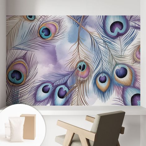 Papier peint avec colle pour décoration moderne de salon chambre à coucher cuisine et bureau Facile Plumes de paon 104x70 cm (1/5)