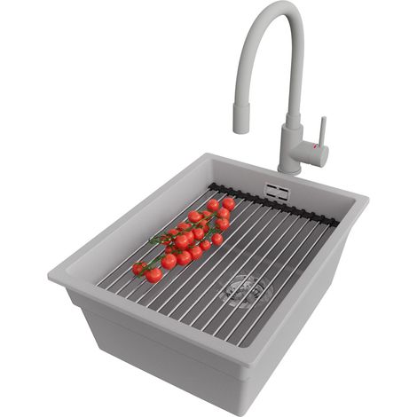 PRIMAGRAN Evier Sous Plan 36x47cm,Evier en Granit 1 bac + Robinet 38x14cm + Kit de Vidage + Égouttoir Enroulable, Évier au meuble 40cm - Prague, Gris (1/5)