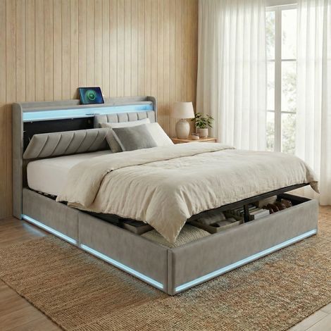 Lit coffre 160x200, éclairage LED RGB & prises USB/Type-C, lit double avec sommier, lit adulte hydraulique, tête de lit avec rangement Intégré, velours, style moderne scandinave, Gris