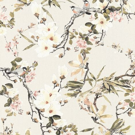 A.S. Creations – Papier peint à motif cerisier japonais beige et vert – Tapisserie fleurie style japonais pour chambre – 53cm de large