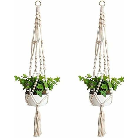 2 pièce Suspension Corde Plante Macramé, corde de coton panier de fleurs en macramé suspendu brindille planteur de suspension de fleurs pour décoration de la maison, jardinage de bureau, 4 jambes-Fei (1/3)