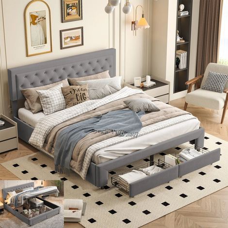 Lit 160 x 200 avec sommier,Chambre complete adulte,lit deux place,Lit coffre 160x200 cm,avec Rangement et 2 Tiroirs,Velours,Gris