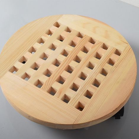 Plateau de pot de fleur rond en bois de couleur bois de 40 cm de diamètre, support de fleur mobile avec base de pot de fleur à roulettes, 2 pièces (1/5)