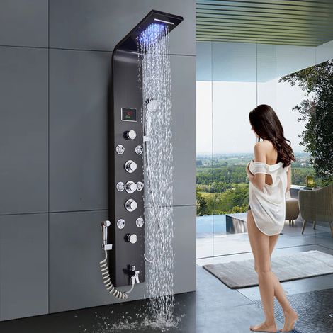 Zamery – Colonne de douche hydromassante en acier inoxydable 304 – 6 fonctions : pluie, cascade, jets de massage, LED – Affichage température d'eau (1/5)