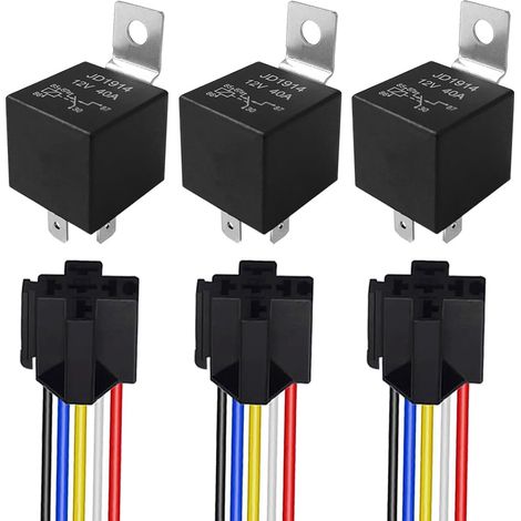 3 Pièces 5 Broches Voiture Relais, 12V 40A SPDT Relais Automobile avec Prise de Faisceau et Pré-Câblé (Noir) (1/5)